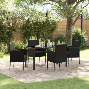 vidaXL Tuin eettafelset met kussen 5 pcs Zwart poly rattan