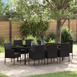 vidaXL Tuin eettafelset met kussen 9 pcs Zwart poly rattan