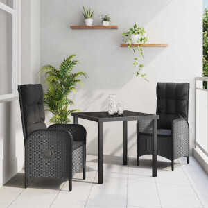 vidaXL Tuin eettafelset met kussen 3 pcs Zwart poly rattan