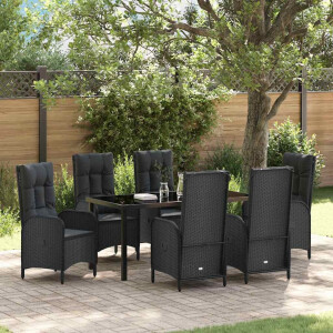vidaXL Tuin eettafelset met kussen 7 pcs Zwart poly rattan