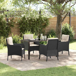 vidaXL Tuin eettafelset met kussen 5 pcs Zwart poly rattan
