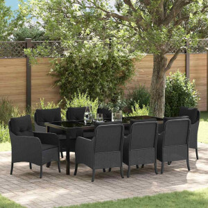 vidaXL Tuin eettafelset met kussen 9 pcs Zwart poly rattan