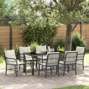 vidaXL Tuin eettafelset met kussen 7 pcs Zwart poly rattan