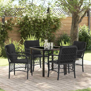 vidaXL Tuin eettafelset met kussen 5 pcs Zwart poly rattan