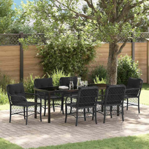 vidaXL Tuin eettafelset met kussen 7 pcs Zwart poly rattan