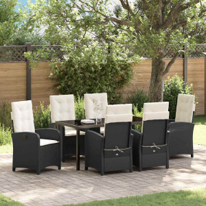 vidaXL Tuin eettafelset met kussen 7 pcs Zwart poly rattan