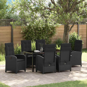 vidaXL Tuin eettafelset met kussen 7 pcs Zwart poly rattan