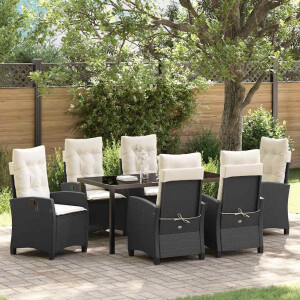 vidaXL Tuin eettafelset met kussen 7 pcs Zwart poly rattan