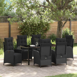 vidaXL Tuin eettafelset met kussen 7 pcs Zwart poly rattan