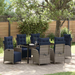 vidaXL Tuin eettafelset met kussen 7 pcs Grijs en zwart Rattan
