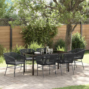 vidaXL Tuin eettafelset met kussen 7 pcs Zwart Gepoedercoat staal