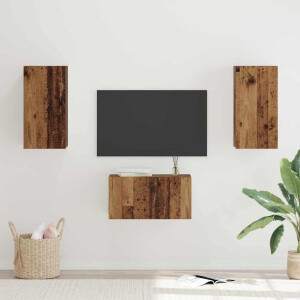 vidaXL Tv-meubelset met plank Wandgemonteerd met opslag met de deur 3 pcs Oud hout 60 x 30 x 30 cm