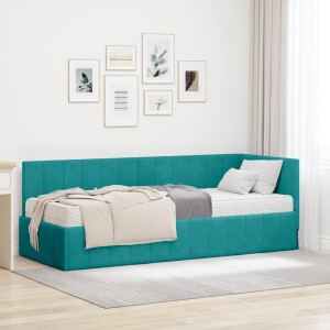 vidaXL Hoekbedframe met matras Turquoise 80 x 200 cm Fluweel
