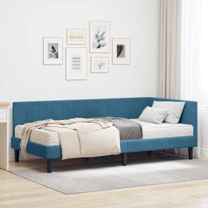 vidaXL Hoekbedframe met matras Blauw 100 x 200 cm Fluweel
