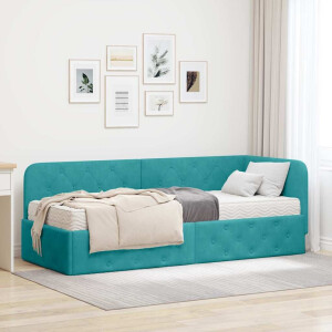vidaXL Hoekbedframe met matras Turquoise 80 x 200 cm Fluweel