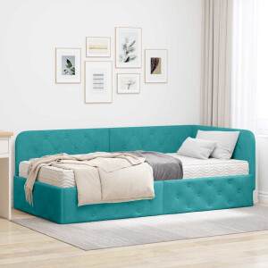 vidaXL Hoekbedframe met matras Turquoise 100 x 200 cm Fluweel