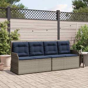 vidaXL Tuinbank met kussen Grijs en Marineblauw poly rattan