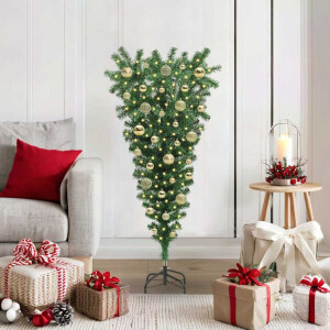 vidaXL Ondersteboven Kunst Kerstboom met Ballenset Groen 120 cm PVC