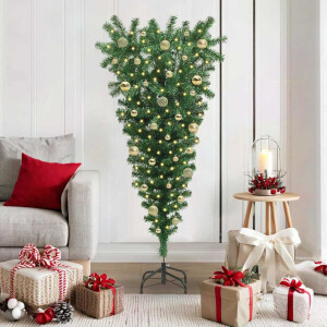vidaXL Ondersteboven Kunst Kerstboom met Bal Set Groen 150 cm PVC