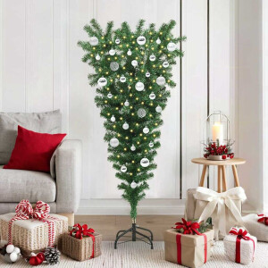 vidaXL Ondersteboven Kunst Kerstboom met Ballenset Groen 150 cm PVC