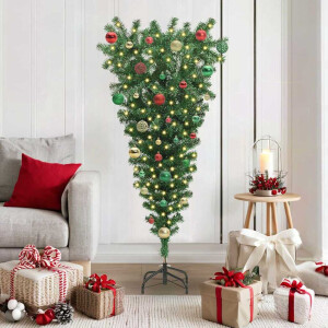 vidaXL Ondersteboven kunst kerstboom met ballenset Groen 150 cm PVC