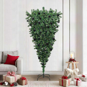 vidaXL Ondersteboven Kunstkerstboom met Ballenset Groen 210 cm PVC
