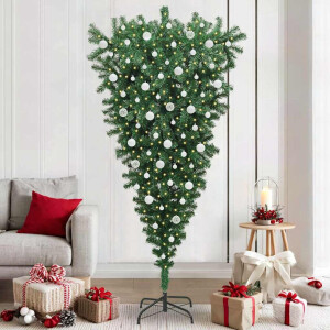 vidaXL Ondersteboven Kunstkerstboom met Verlichting en Ballen Set PVC