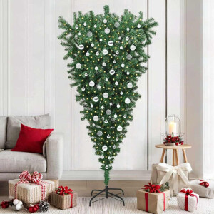 vidaXL Ondersteboven Kunst Kerstboom met Ballen Set Groen 210 cm PVC
