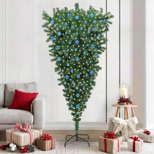 vidaXL Ondersteboven kunst Kerstboom met ballenset Groen 210 cm PVC
