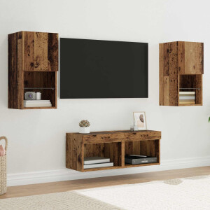 vidaXL TV Wandkasten met LED-striplichten 4 pcs Oud Hout Bewerkt hout