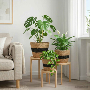 vidaXL Zeegras Plantenmanden 3 pcs Naturel en Zwart Ø26 x 19 cm