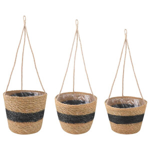 vidaXL Zeegras Plantenmanden 3 pcs Naturel en Zwart Ø26 x 19 cm