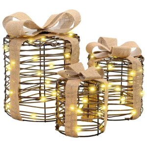 vidaXL Cadeau Doos Decoratie 3 pcs Warmwit 12 cm 15 cm 20 cm Rattan