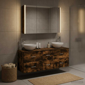 vidaXL Badkamermeubelset 4 st Gerookt eiken Bewerkt hout en glas