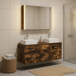 vidaXL Badkamermeubelset 4 st Gerookt eiken Bewerkt hout en glas