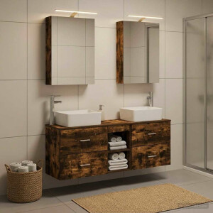 vidaXL Badkamermeubelset 5 st Gerookt eiken Bewerkt hout en glas