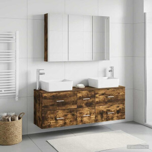 vidaXL Badkamermeubelset 4 st Gerookt eiken Bewerkt hout en glas