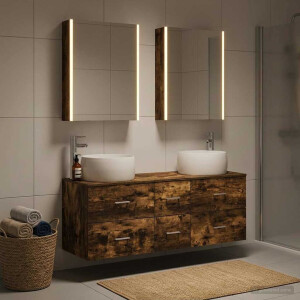 vidaXL Badkamermeubelset 5 st Gerookt eiken Bewerkt hout en glas