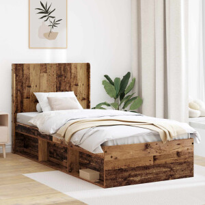 vidaXL Bedframe met opbergruimte en hoofdbord Oud hout 90 x 190 cm