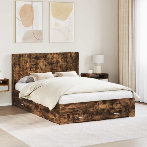 vidaXL Bedframe met opbergruimte en hoofdbord Gerookt eiken