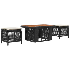 vidaXL Tuin eettafelset met kussen 3 pcs Zwart en Crème poly rattan