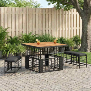 vidaXL Tuin eettafelset 3 pcs Zwart en Grijs Poly Riet en Acaciahout