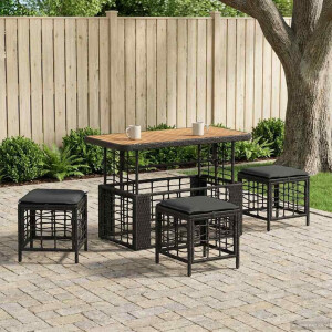 vidaXL Tuin eettafelset 4 pcs Zwart en Grijs Poly Riet en Acaciahout