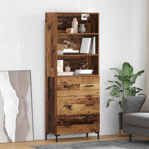 vidaXL Hoge kast met lade Oudhout 69,5 x 34 x 180 cm Bewerkt hout