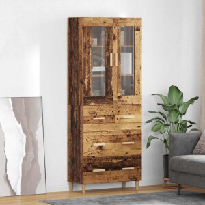 vidaXL Hoge kast Oud Hout 69,5 x 34 x 180 cm Geengineerd Hout en Glas