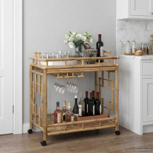 vidaXL Wijn Trolley Met Wielen Naturel 85 x 50 x 93 cm Bamboe