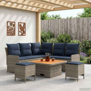 vidaXL Meubelsets met kussen 6 pcs Grijs en Marineblauw PE Rattan