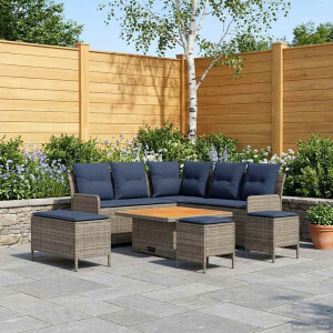 vidaXL Meubelsets met kussen 7 pcs Grijs en Marineblauw PE Rattan