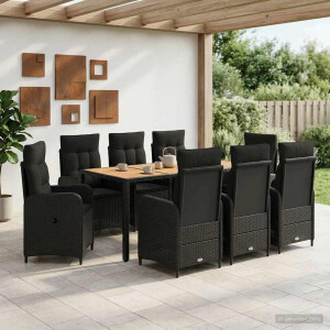 vidaXL Buiten eettafelset 9 st Zwart PE Rattan en Poeder-Coated Staal