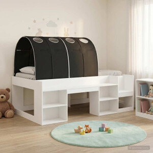 vidaXL Bedframe met tunnel 3 pcs Wit en zwart Geconstrueerd hout